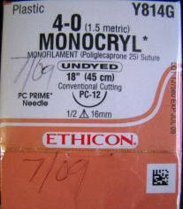 Picture of Suture with Needle Monocryl™ Absorbable Uncoated Undyed Suture Monofilament Poliglecaprone Size 4 - 0 18 Inch Suture 1-Needle 16 mm Length 1/2 Circle Precision Cosmetic - Conventional Cutting PRIME NeedleY814G