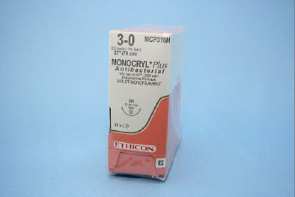 Picture of Antibacterial Suture with Needle Monocryl™ Plus Absorbable Uncoated Violet Suture Poliglecaprone 25 with Irgacare MP Antibacterial Suture Size 3 - 0 27 Inch Suture 1-Needle 26 mm Length 1/2 Circle Taper Point NeedleMCP316H