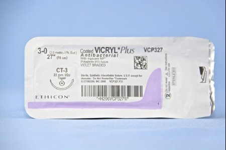 Picture of Antibacterial Suture with Needle Coated Vicryl™ Plus Absorbable Coated Violet Suture Braided Polyglactin 910 with Irgacare MP Antibacterial Suture Size 3 - 0 27 Inch Suture 1-Needle 22 mm Length 1/2 Circle Taper Point NeedleVCP327H