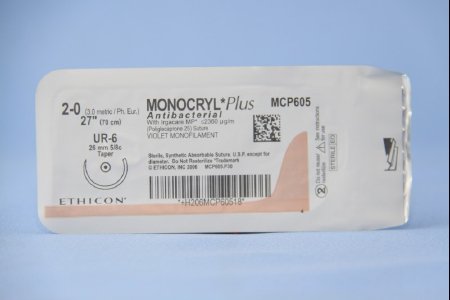 Picture of Antibacterial Suture with Needle Monocryl™ Plus Absorbable Uncoated Violet Suture Poliglecaprone 25 with Irgacare MP Antibacterial Suture Size 2 - 0 27 Inch Suture 1-Needle 26 mm Length 5/8 Circle Taper Point NeedleMCP605H