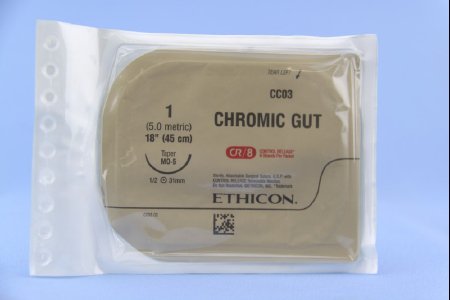 Picture of Suture with Needle Absorbable Uncoated Undyed Suture Chromic Gut Size 1 18 Inch Suture 1-Needle 31 mm Length 1/2 Circle Taper Point NeedleCC03G