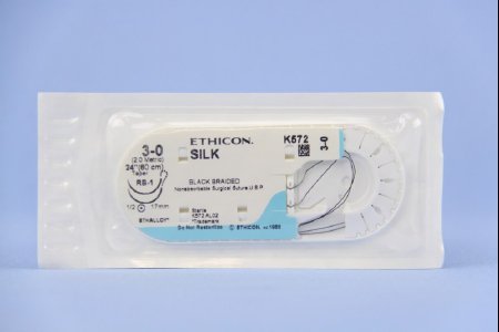 Picture of Suture with Needle Perma-Hand™ Nonabsorbable Coated Black Suture Braided Silk Size 3 - 0 24 Inch Suture Double-Armed 17 mm Length 1/2 Circle Taper Point NeedleK572H