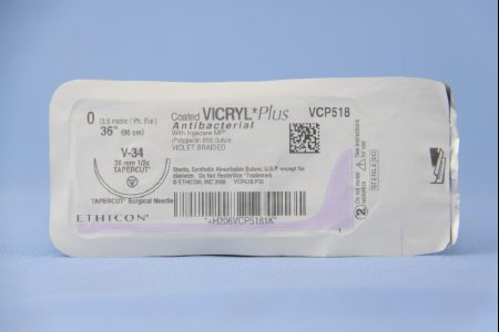 Picture of Antibacterial Suture with Needle Coated Vicryl™ Plus Absorbable Coated Violet Suture Braided Polyglactin 910 with Irgacare MP Antibacterial Suture Size 0 36 Inch Suture 1-Needle 36.4 mm Length 1/2 Circle Taper Cut NeedleVCP518H