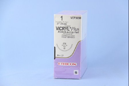 Picture of Antibacterial Suture with Needle Coated Vicryl™ Plus Absorbable Coated Violet Suture Braided Polyglactin 910 with Irgacare MP Antibacterial Suture Size 1 27 Inch Suture 1-Needle 48 mm Length 1/2 Circle Taper Point NeedleVCP365H