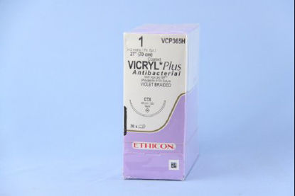 Picture of Antibacterial Suture with Needle Coated Vicryl™ Plus Absorbable Coated Violet Suture Braided Polyglactin 910 with Irgacare MP Antibacterial Suture Size 1 27 Inch Suture 1-Needle 48 mm Length 1/2 Circle Taper Point NeedleVCP365H