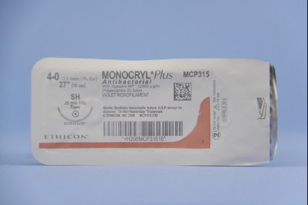 Picture of Antibacterial Suture with Needle Monocryl™ Plus Absorbable Uncoated Violet Suture Poliglecaprone 25 with Irgacare MP Antibacterial Suture Size 4 - 0 27 Inch Suture 1-Needle 26 mm Length 1/2 Circle Taper Point NeedleMCP315H