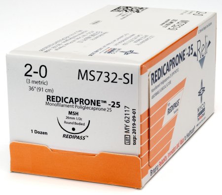 Picture of Suture with Needle Reli® Absorbable Uncoated Undyed Suture Monofilament Poliglecaprone Size 2 - 0 36 Inch Suture 1-Needle 26 mm Length 1/2 Circle Taper Point NeedleMS732-SI