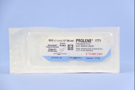 Picture of Suture with Needle Prolene™ Nonabsorbable Uncoated Blue Suture Monofilament Polypropylene Suture Size 10 - 0 12 Inch Suture Double-Armed 6.5 mm Length 3/8 Circle Micropoint - Spatula Needle1771G