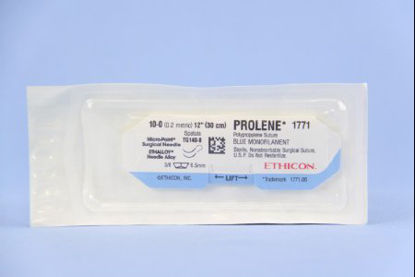 Picture of Suture with Needle Prolene™ Nonabsorbable Uncoated Blue Suture Monofilament Polypropylene Suture Size 10 - 0 12 Inch Suture Double-Armed 6.5 mm Length 3/8 Circle Micropoint - Spatula Needle1771G