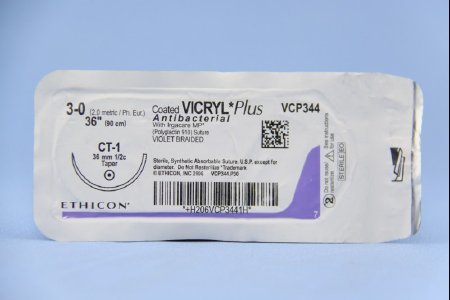 Picture of Antibacterial Suture with Needle Coated Vicryl™ Plus Absorbable Coated Violet Suture Braided Polyglactin 910 with Irgacare MP Antibacterial Suture Size 3 - 0 36 Inch Suture 1-Needle 36 mm Length 1/2 Circle Taper Point NeedleVCP344H