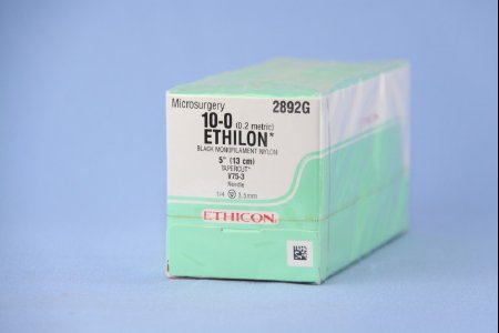 Picture of Suture with Needle Ethilon™ Nonabsorbable Uncoated Black Suture Monofilament Nylon Size 10 - 0 5 Inch Suture 1-Needle 3.5 mm Length 1/4 Circle Taper Cut Needle2892G