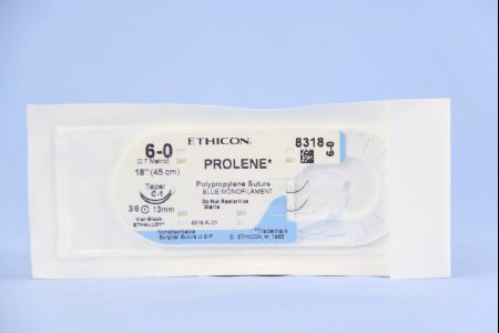 Picture of Suture with Needle Prolene™ Nonabsorbable Uncoated Blue Suture Monofilament Polypropylene Suture Size 6 - 0 18 Inch Suture Double-Armed 12 mm Length 3/8 Circle Taper Point Needle8318H