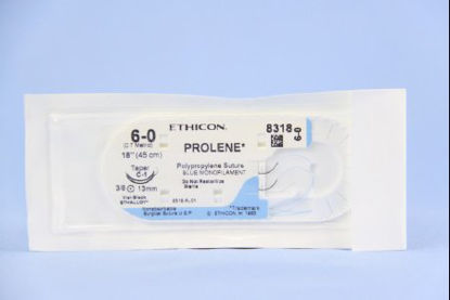 Picture of Suture with Needle Prolene™ Nonabsorbable Uncoated Blue Suture Monofilament Polypropylene Suture Size 6 - 0 18 Inch Suture Double-Armed 12 mm Length 3/8 Circle Taper Point Needle8318H
