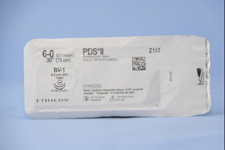 Picture of Suture with Needle PDS™ II Absorbable Uncoated Violet Suture Monofilament Polydioxanone Size 6 - 0 30 Inch Suture Double-Armed 9.3 mm Length 3/8 Circle Taper Point NeedleZ117H