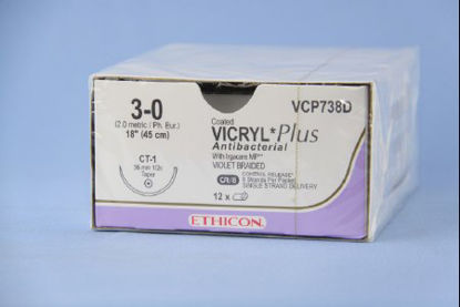 Picture of Antibacterial Suture with Needle Coated Vicryl™ Plus Absorbable Coated Violet Suture Braided Polyglactin 910 with Irgacare MP Antibacterial Suture Size 3 - 0 18 Inch Suture 1-Needle 36 mm Length 1/2 Circle Taper Point NeedleVCP738D
