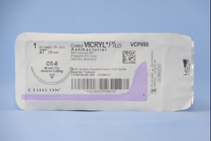 Picture of Antibacterial Suture with Needle Coated Vicryl™ Plus Absorbable Coated Undyed Suture Braided Polyglactin 910 with Irgacare MP Antibacterial Suture Size 1 27 Inch Suture 1-Needle 40 mm Length 1/2 Circle Reverse Cutting NeedleVCP699H