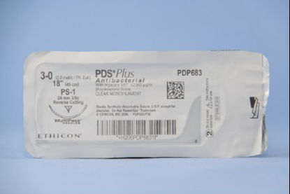 Picture of Antibacterial Suture with Needle PDS Plus™ Absorbable Uncoated Undyed Suture Monofilament Polydioxanone with Irgacare MP Antibacterial Suture Size 3 - 0 18 Inch Suture 1-Needle 24 mm Length 3/8 Circle Reverse Cutting NeedlePDP683G