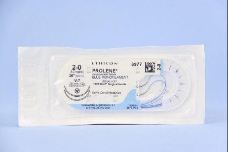 Picture of Suture with Needle Prolene™ Nonabsorbable Uncoated Blue Suture Monofilament Polypropylene Suture Size 2 - 0 36 Inch Suture Double-Armed 26 mm Length 1/2 Circle Taper Cut Needle8977H
