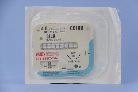 Picture of Suture with Needle Perma-Hand™ Nonabsorbable Coated Black Suture Braided Silk Size 4 - 0 30 Inch Suture 1-Needle 26 mm Length 1/2 Circle Taper Point NeedleC018D