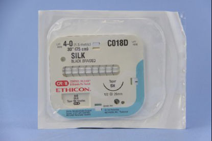 Picture of Suture with Needle Perma-Hand™ Nonabsorbable Coated Black Suture Braided Silk Size 4 - 0 30 Inch Suture 1-Needle 26 mm Length 1/2 Circle Taper Point NeedleC018D