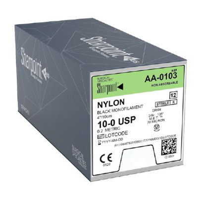 Picture of Suture with Needle Sharpoint® Nonabsorbable Uncoated Black Suture Monofilament Nylon Size 10 - 0 4 Inch Suture 1-Needle 4 mm Length 3/8 Circle Meter E. T. Point NeedleAA-0103