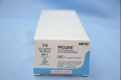 Picture of Suture with Needle Prolene™ Nonabsorbable Uncoated Blue Suture Monofilament Polypropylene Suture Size 7 - 0 24 Inch Suture Double-Armed 9.3 mm Length 3/8 Circle Taper Point NeedleM8702