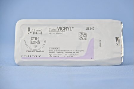 Picture of Suture with Needle Coated Vicryl™ Absorbable Coated Violet Suture Braided Polyglactin 910 Size 0 27 Inch Suture 1-Needle 36.4 mm Length 1/2 Circle Blunt Point NeedleJB340