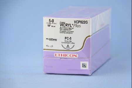 Picture of Antibacterial Suture with Needle Coated Vicryl™ Plus Absorbable Coated Undyed Suture Braided Polyglactin 910 with Irgacare MP Antibacterial Suture Size 5 - 0 18 Inch Suture 1-Needle 19 mm Length 3/8 Circle Precision Cosmetic - Conventional Cutting PRIME NeedleVCP822G