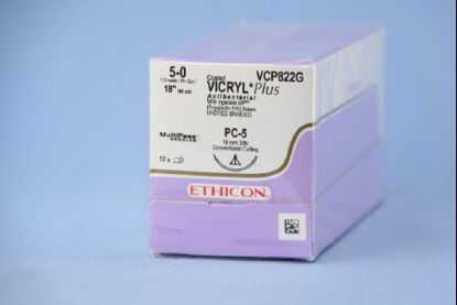 Picture of Antibacterial Suture with Needle Coated Vicryl™ Plus Absorbable Coated Undyed Suture Braided Polyglactin 910 with Irgacare MP Antibacterial Suture Size 5 - 0 18 Inch Suture 1-Needle 19 mm Length 3/8 Circle Precision Cosmetic - Conventional Cutting PRIME NeedleVCP822G