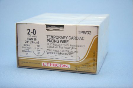 Picture of Suture with Needle - Temporary Cardiac Pacing Wire Nonabsorbable Uncoated Light Blue / Dark Blue Suture Stainless Steel Size 2 - 0 24 Inch Suture Double-Armed 26 mm / 90 mm Length Straight / 1/2 Circle Cutting Needle / Taper Point NeedleTPW32