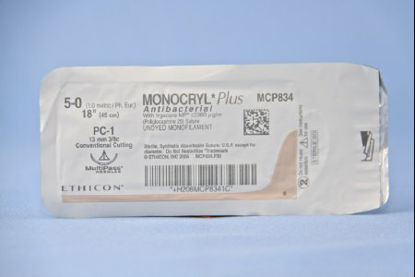 Picture of Antibacterial Suture with Needle Monocryl™ Plus Absorbable Uncoated Undyed Suture Poliglecaprone 25 with Irgacare MP Antibacterial Suture Size 5 - 0 18 Inch Suture 1-Needle 13 mm Length 3/8 Circle Conventional Cutting NeedleMCP834G