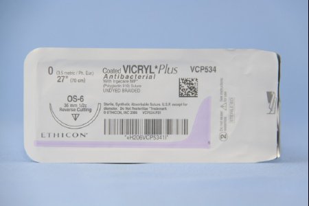 Picture of Antibacterial Suture with Needle Coated Vicryl™ Plus Absorbable Coated Undyed Suture Braided Polyglactin 910 with Irgacare MP Antibacterial Suture Size 0 27 Inch Suture 1-Needle 36.4 mm Length 1/2 Circle Reverse Cutting NeedleVCP534H