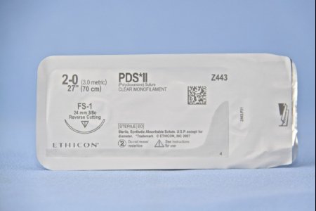 Picture of Antibacterial Suture with Needle PDS Plus™ Absorbable Uncoated Undyed Suture Monofilament Polydioxanone with Irgacare MP Antibacterial Suture Size 2 - 0 27 Inch Suture 1-Needle 24 mm Length 3/8 Circle Reverse Cutting NeedlePDP443H