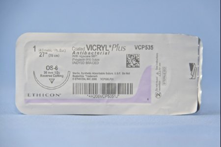 Picture of Antibacterial Suture with Needle Coated Vicryl™ Plus Absorbable Coated Undyed Suture Braided Polyglactin 910 with Irgacare MP Antibacterial Suture Size 1 27 Inch Suture 1-Needle 36.4 mm Length 1/2 Circle Reverse Cutting NeedleVCP535H