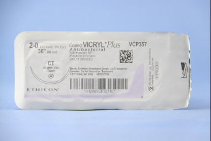 Picture of Antibacterial Suture with Needle Coated Vicryl™ Plus Absorbable Coated Violet Suture Braided Polyglactin 910 with Irgacare MP Antibacterial Suture Size 2 - 0 36 Inch Suture 1-Needle 40 mm Length 1/2 Circle Taper Point NeedleVCP357H