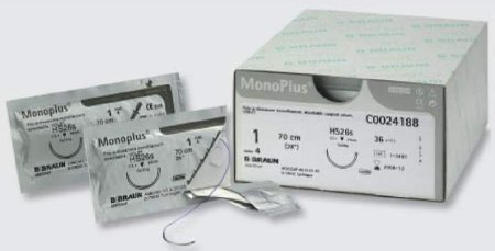 Picture of Suture with Needle MonoPlus® Absorbable Uncoated Violet Suture Monofilament Polydioxanone Size 4 - 0 45 cm Suture 1-Needle 19 mm Length 3/8 Circle Reverse Cutting NeedleC0024907