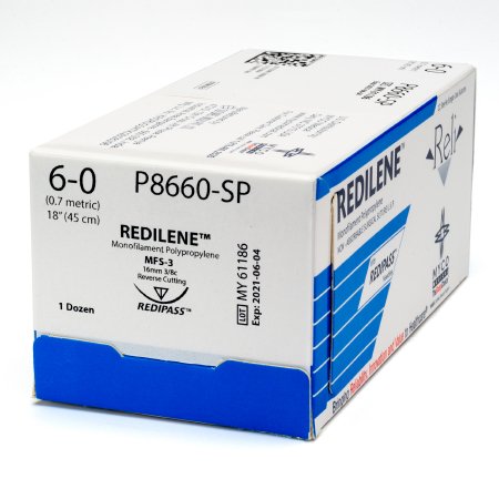 Picture of Suture with Needle Reli® Redilene™ Nonabsorbable Uncoated Blue Suture Monofilament Polypropylene Suture Size 6 - 0 18 Inch Suture 1-Needle 16 mm Length 3/8 Circle Conventional Cutting NeedleP8660-M