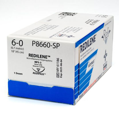 Picture of Suture with Needle Reli® Redilene™ Nonabsorbable Uncoated Blue Suture Monofilament Polypropylene Suture Size 6 - 0 18 Inch Suture 1-Needle 16 mm Length 3/8 Circle Conventional Cutting NeedleP8660-M