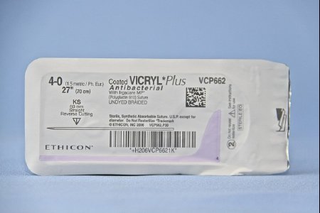 Picture of Antibacterial Suture with Needle Coated Vicryl™ Plus Absorbable Coated Undyed Suture Braided Polyglactin 910 with Irgacare MP Antibacterial Suture Size 4 - 0 27 Inch Suture 1-Needle 60 mm Length Straight Conventional Cutting NeedleVCP662H