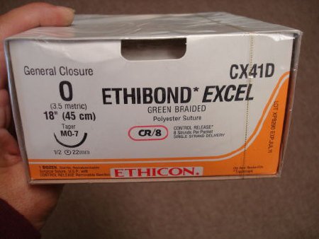 Picture of Suture with Needle Ethibond Nonabsorbable Coated White Suture Braided Polyester Size 2 27 Inch Suture 1-Needle 22 mm Length 1/2 Circle Reverse Cutting NeedleD7805