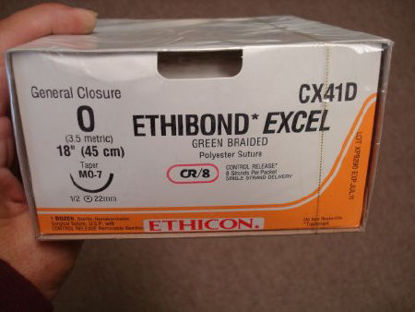 Picture of Suture with Needle Ethibond Nonabsorbable Coated White Suture Braided Polyester Size 2 27 Inch Suture 1-Needle 22 mm Length 1/2 Circle Reverse Cutting NeedleD7805