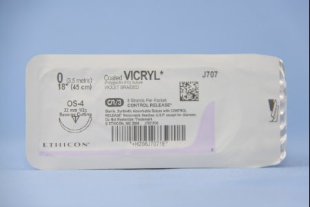 Picture of Suture with Needle Coated Vicryl™ Absorbable Coated Violet Suture Braided Polyglactin 910 Size 0 18 Inch Suture 1-Needle 22 mm Length 1/2 Circle Reverse Cutting NeedleJ707T