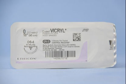 Picture of Suture with Needle Coated Vicryl™ Absorbable Coated Violet Suture Braided Polyglactin 910 Size 0 18 Inch Suture 1-Needle 22 mm Length 1/2 Circle Reverse Cutting NeedleJ707T