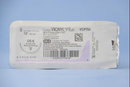 Picture of Antibacterial Suture with Needle Coated Vicryl™ Plus Absorbable Coated Undyed Suture Braided Polyglactin 910 with Irgacare MP Antibacterial Suture Size 0 18 Inch Suture 1-Needle 36.4 mm Length 1/2 Circle Reverse Cutting NeedleVCP754T