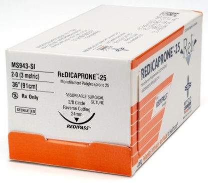 Picture of Suture with Needle Reli® Absorbable Uncoated Undyed Suture Monofilament Poliglecaprone Size 2 - 0 36 Inch Suture 1-Needle 24 mm Length 3/8 Circle Reverse Cutting NeedleMS943-MV