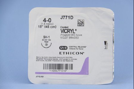 Picture of Suture with Needle Coated Vicryl™ Absorbable Coated Violet Suture Braided Polyglactin 910 Size 4 - 0 18 Inch Suture 1-Needle 22 mm Length 1/2 Circle Taper Point NeedleJ771D