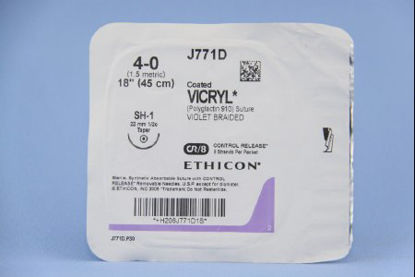 Picture of Suture with Needle Coated Vicryl™ Absorbable Coated Violet Suture Braided Polyglactin 910 Size 4 - 0 18 Inch Suture 1-Needle 22 mm Length 1/2 Circle Taper Point NeedleJ771D