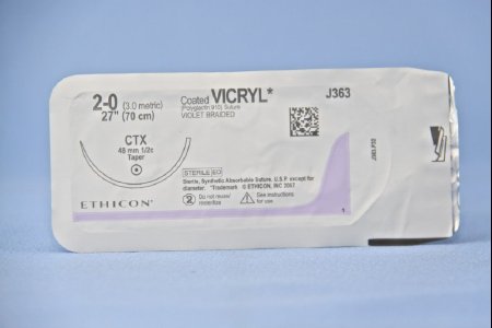 Picture of Suture with Needle Coated Vicryl™ Absorbable Coated Violet Suture Braided Polyglactin 910 Size 2 - 0 27 Inch Suture 1-Needle 48 mm Length 1/2 Circle Taper Point NeedleJ363H