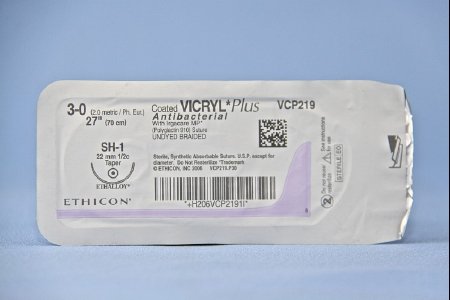 Picture of Antibacterial Suture with Needle Coated Vicryl™ Plus Absorbable Coated Undyed Suture Braided Polyglactin 910 with Irgacare MP Antibacterial Suture Size 3 - 0 27 Inch Suture 1-Needle 22 mm Length 1/2 Circle Taper Point NeedleVCP219H