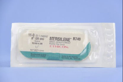 Picture of Suture with Needle Mersilene™ Nonabsorbable Uncoated Green Suture Braided Polyester Size 11 - 0 8 Inch Suture Double-Armed 4.2 mm Length 1/2 Circle Spatula NeedleR749G